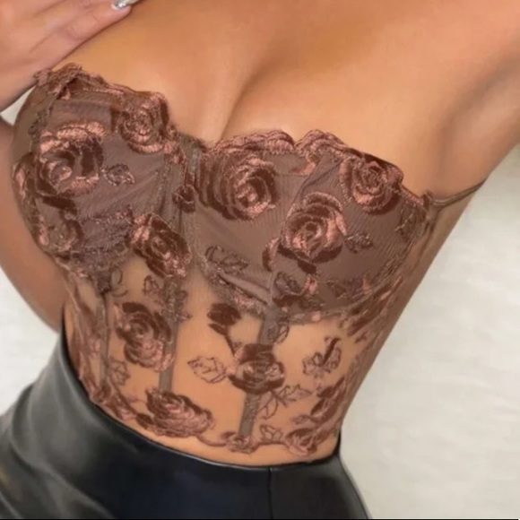 Boho black Lace Floral Embroidered Corset Bustier Crop Top - Picture 10 of 16